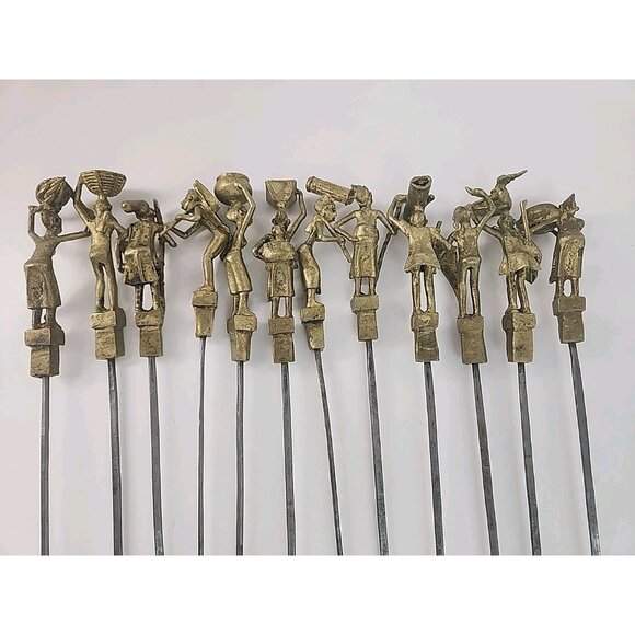 12 Vintage Unique African Brass & Stainless Steel Kebab Skewers 19" Souvlaki - Picture 8 of 9